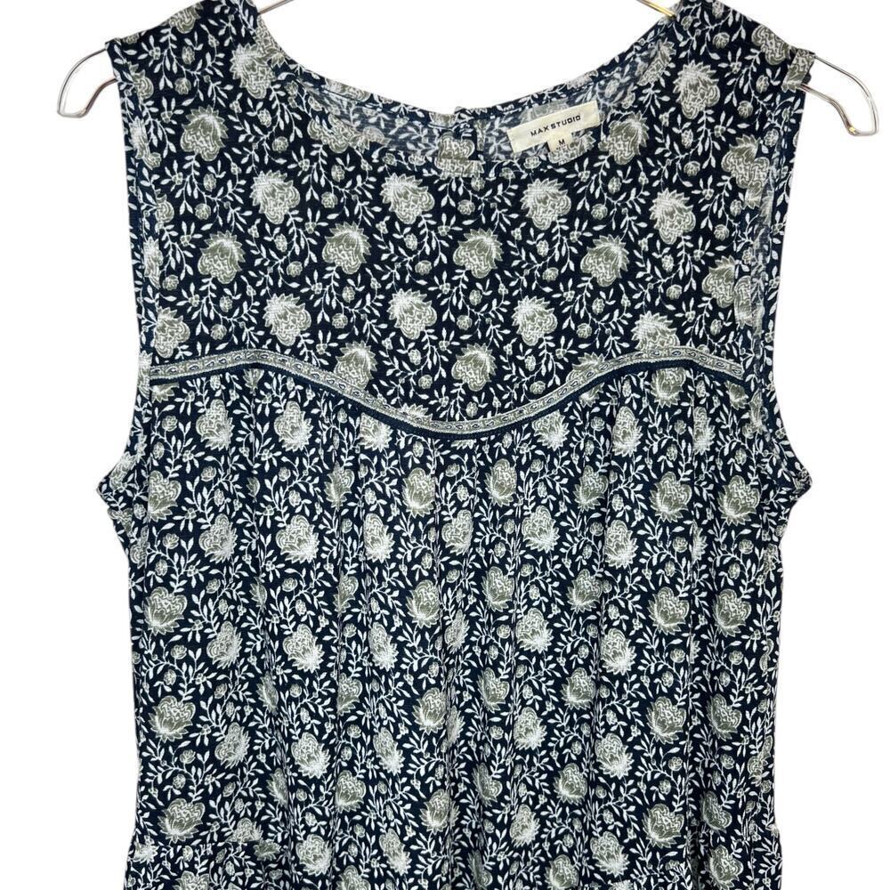 MAX STUDIO Couper Cut Sleeveless Maxi Dress Floral Print Blue Size Medium - Picture 3 of 11